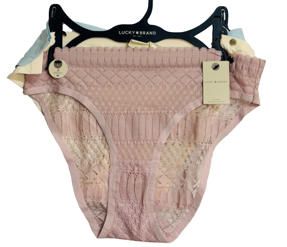 Lucky Brand Lace & Seamless Bikini Panties Women's Large Pink Cream Blue 3pk NEW